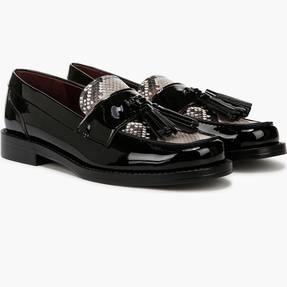 Franco Sarto Black Patent Lucia Multi Snake Print Loafers, size 8